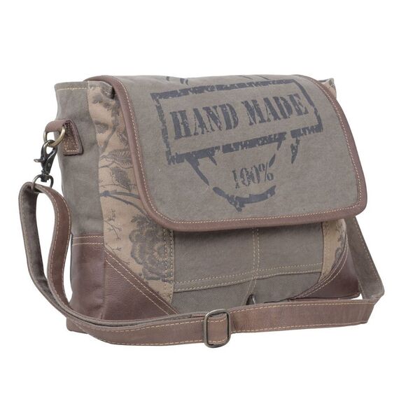 Myra Bag Handmade Wildest  Messenger Bag Upcycled Canvas & Cowhide Leather - Picture 3 of 9